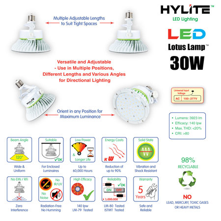 Hylite LED Lotus Repl Lamp for 150W HID, 30W, 4200 L, 5000K, E26, 25Deg. Lens HL-LS-30W-25-E26-50K